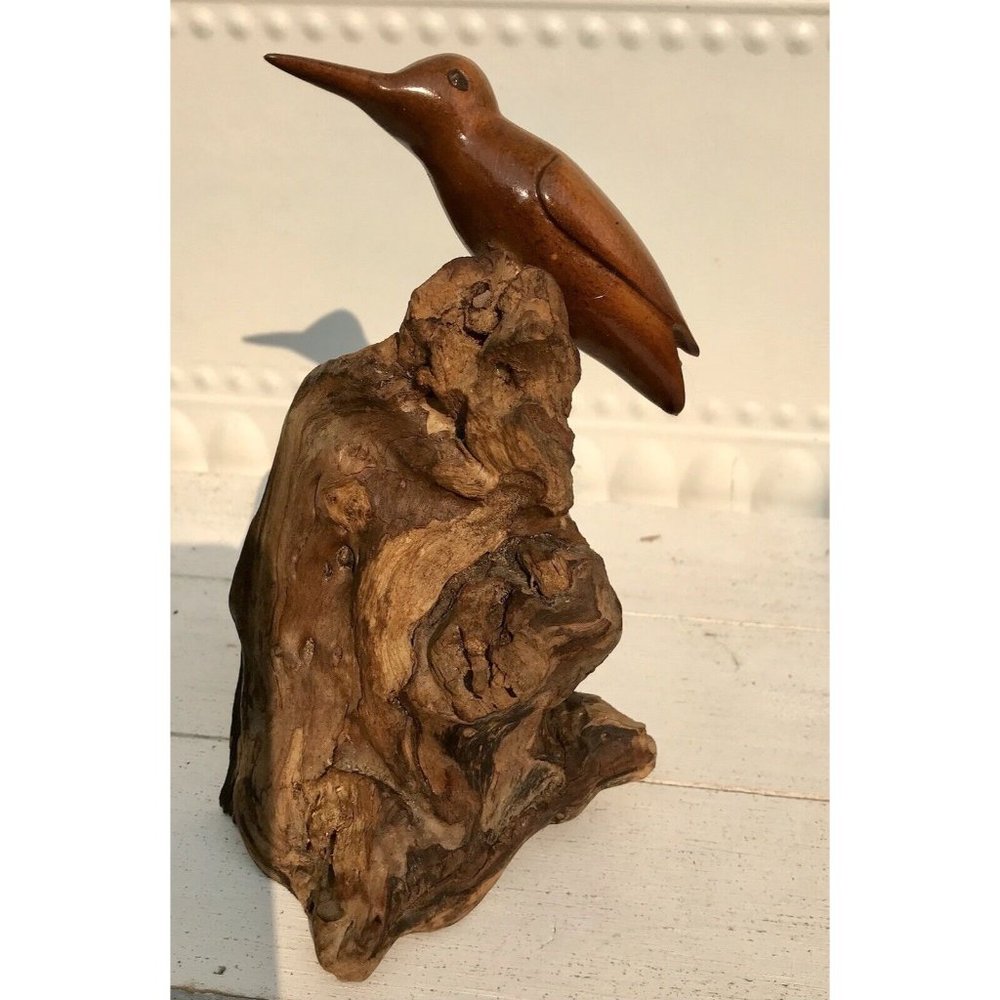 Vtg OOAK Hand Carved Bird Statue MCM Art Driftwood Myrtle Wood Coastal Figurine